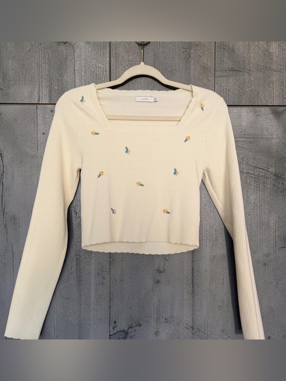 3/$21 Lush Cream Ribbed Cropped Scoop-Neck Top with Tiny Floral Embroidery